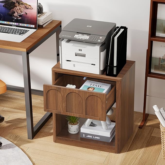 Small Nightstand Set of 2 with Storage, Accent Bedside Nightstand with Drawer, Mid Century Modern Bedroom Bed Side Table for Small Spaces, Dorm, Living Room, Couch Sofa Chair - Walnut