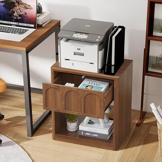 Small Nightstand Set of 2 with Storage, Accent Bedside Nightstand with Drawer, Mid Century Modern Bedroom Bed Side Table for Small Spaces, Dorm, Living Room, Couch Sofa Chair - Walnut