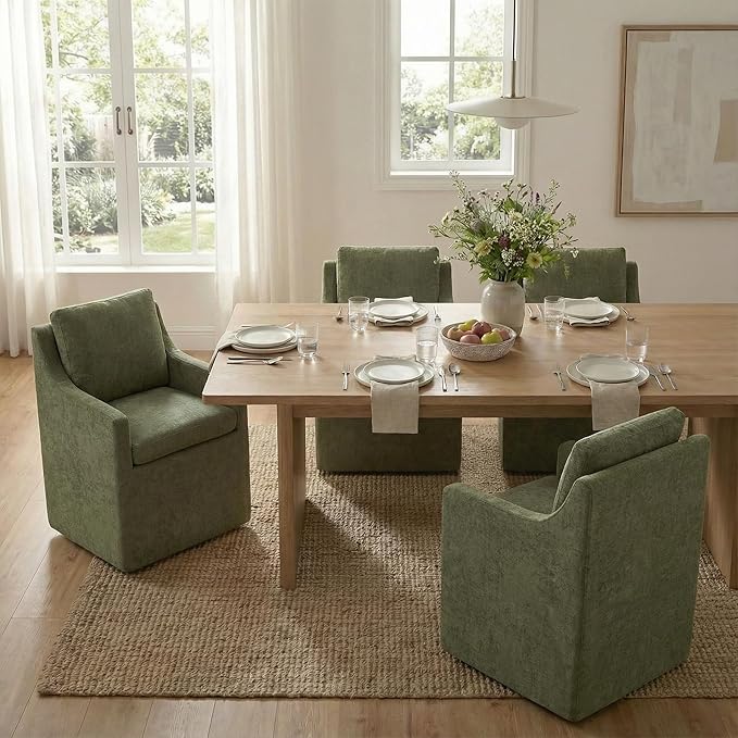 Upholstered Dining Chairs Set of 2, Modern Dining Room Chairs with Casters & Washable Cover, Rolling Accent Chair with Hidden Storage for Kitchen, Farmhouse, Living Room, Green, 2 Box