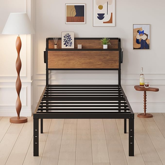 16 Inch Twin XL Bed Frames with Wood Headboard, Storage Bed Frame Twin XL No Box Spring Needed, Noise Free, Mahogany