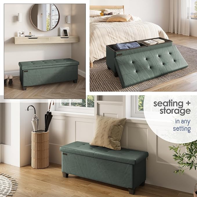 Storage Ottoman Bench with Bins, 43-in Storage Bench for Bedroom End of Bed, Folding Foot Rest Ottoman for Living Room Max 660lbs, Leather Ottomans, Green