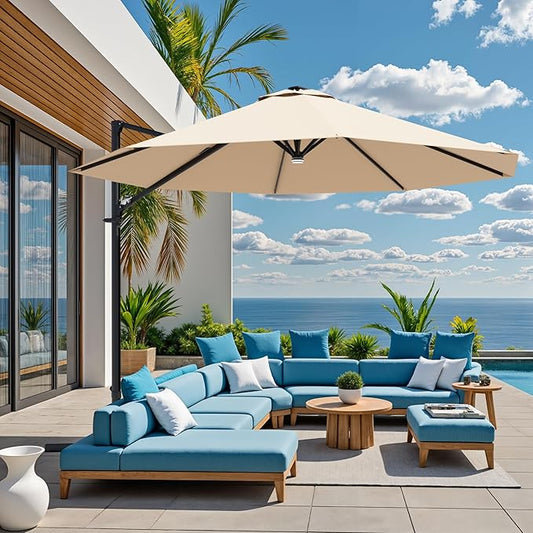 Greesum 10FT Outdoor Patio Umbrella with High Pedel and 4 Gear Heights, Large Offset Umbrella with Solar LED Lights and 360-degree Rotation, Without Base, Hanging Outdoor Shade for Garden, Brown