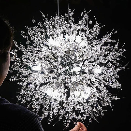 Crystal Chandelier, Firework Modern Beaded Chandeliers, Dandelion Chrome Pendant Lamp, Hanging Lighting Fixture for Bedroom, Dining Room, Kitchen, Farmhouse, Hallway, Foyer, 22" Chrome 12 Lights