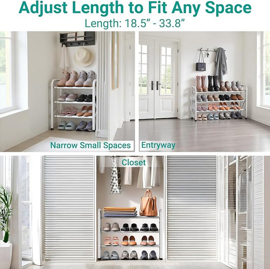 3-Tier Expandable Shoe Rack for Closet Floor, X-Frame Metal Small Shoe Rack for Entryway, Adjustable Shoe Shelf Organizer, Free Standing Shoe Racks for Front Door Entrance, Garage - White