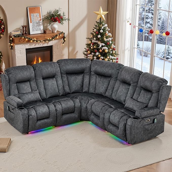 IPKIG Electric Reclining Sectional Sofa, 5-Seater L-Shaped Power Recliner Couch, Wall Hugger Reclinable Movie Seating with Flip-up Backrest, LED Lights, USB+AC Outlets (Dark Grey, 5 Seaters) | Vlvet Fabric, Zero Gravity, Dual Reclining, 2 Lumabr Pillow...