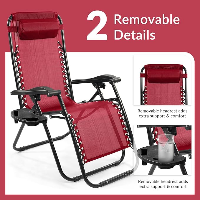 Elevon Zero Gravity Chair with Cup Holder & Removable Pillow, Adjustable Reclining Outdoor Patio Folding Chairs for Adults Portable Lounge Chair Furniture for Poolside, Lawn, Beach, Camping, Red