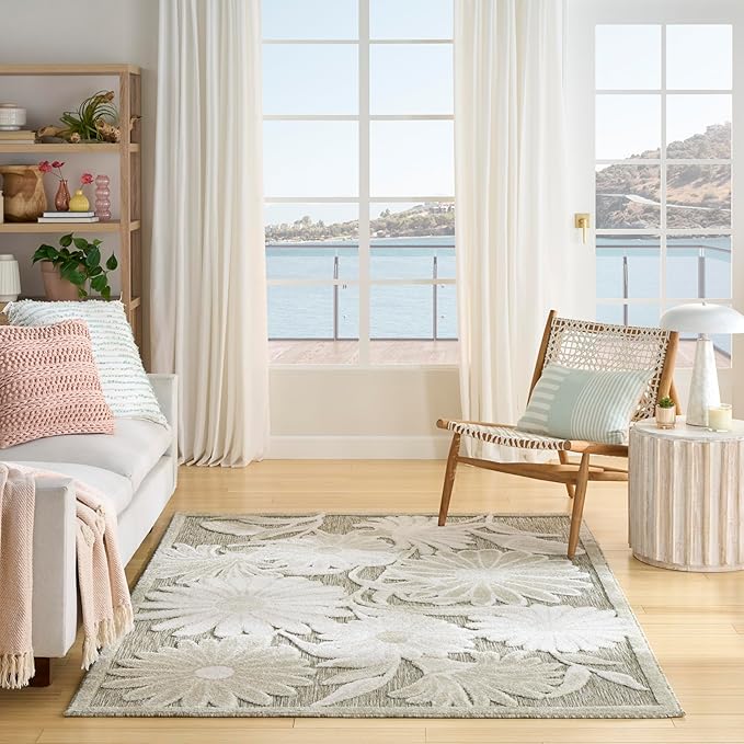 Nourison Home Aloha Ivory Sage 3'6" x 5'6" Area Rug - Easy Clean, Non Shedding, Bed Room, Living Room, Dining Room, Kitchen (4' x 6')