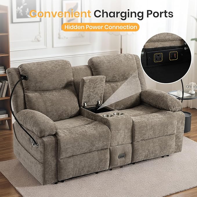 Loveseat Recliner Sofa, Reclining Loveseat with Console, RV Wall Hugger Double Loveseat Recliner Couch for Living Room & Home Theater (Chenille-Camel)