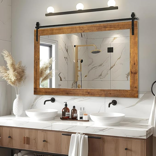 Farmhouse Bathroom Mirror, 41" x 30" Rustic Vanity Mirror, Barn Door Style Wood Framed Wall Mirrors, Rectangle Mirrors for Living Room, Entryway, Brown