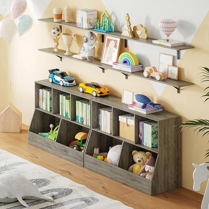 DINZI LVJ Toy Storage Organizer, Kids Bookshelf, Wood Toy Storage Cabinet, 5 Cubby Children Bookcase, 43.3" L Toddler Book Shelf for Playroom, Living Room, Nursery, Hallway, School, Gray Wash
