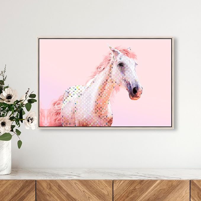 Country Farmhouse Canvas Print Painting Animal Wall Art 'Pink Glam Horse' Champagne Framed Canvas Rustic Home Décor 24x16 in Pink, White by Oliver Gal
