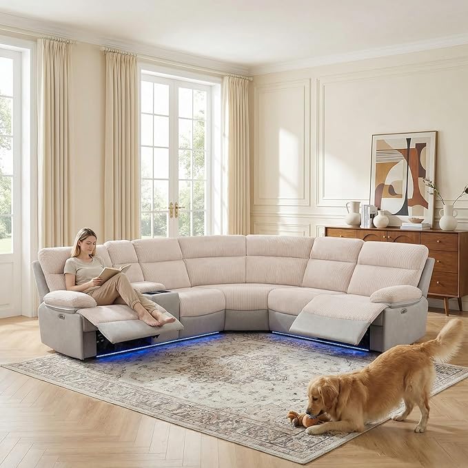 Power Recliner Sectional Sofa, Beige & Grey Plush Sofa, Sectional Couch with Storage Console, Reclining Living Room Sofa with USB/LED Lights