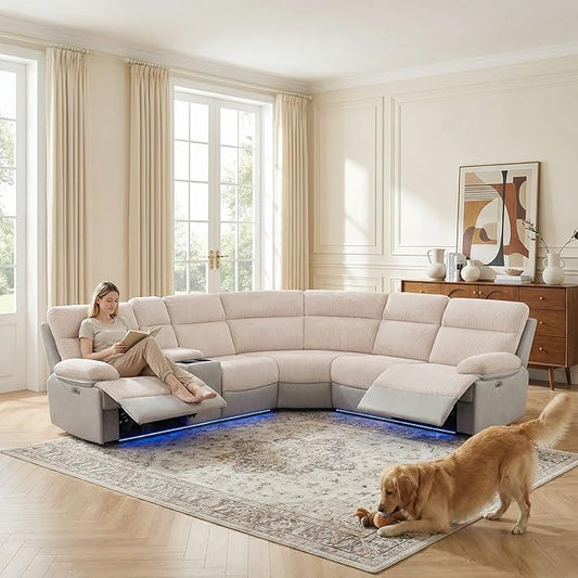 Power Recliner Sectional Sofa, Beige & Grey Plush Sofa, Sectional Couch with Storage Console, Reclining Living Room Sofa with USB/LED Lights