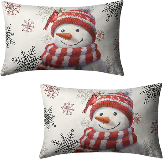 Snowman Lumbar Pillow Covers 12x20 Set of 2 Red Snowman with Cardinal Bird Snowflake Rectangle Cushion Case Christmas Winter Holiday Throw Pillowcases for Living Room Bedroom Sofa