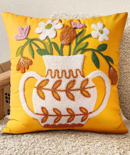 Embroidered Throw Pillow Cover - 18x18 Decorative Pillow Cover with Zipper Aesthetic Cute Design Boho Spring Summer Cozy Throw Pillowcase for Living Room Couch Sofa Bed, Floral Vase