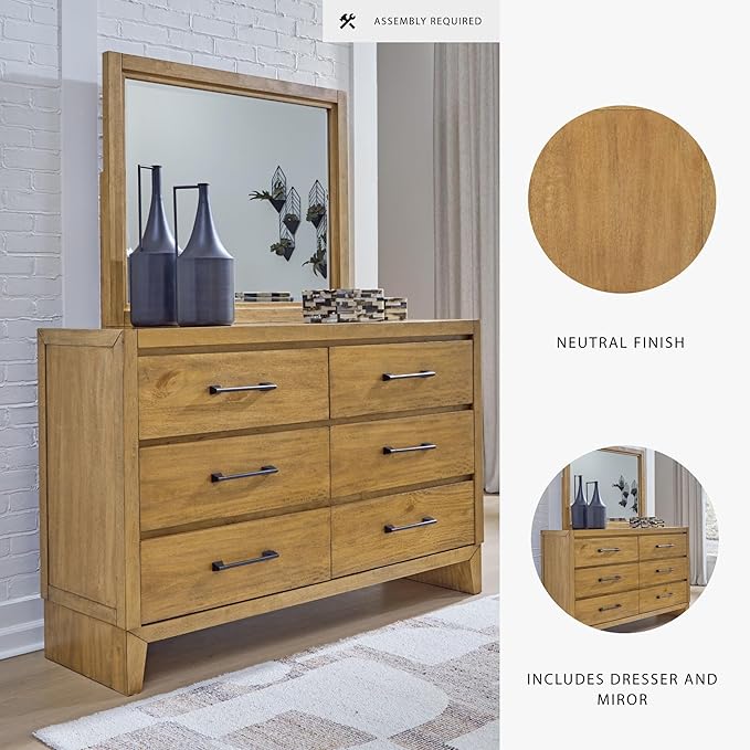 Signature Design by Ashley Sherbana Casual 6-Drawer Dresser and Mirror with Safety Stop and Felt-Lined Top Drawer, Light Brown