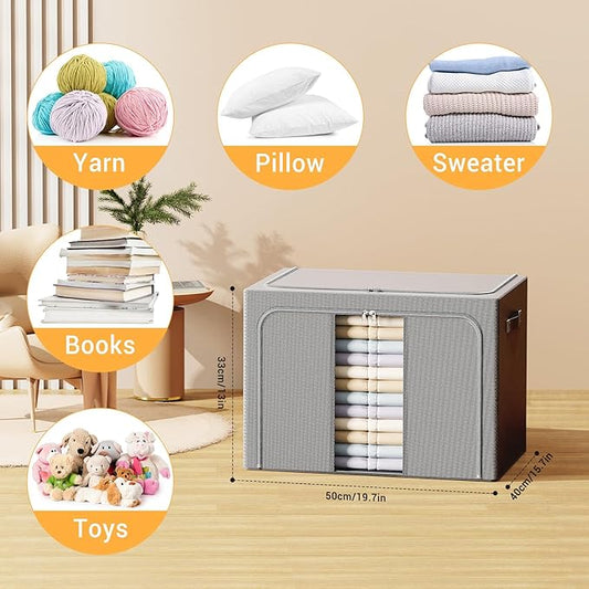 Clothes Storage Bins with Metal Frame, Foldable Clothes Organizers Storage Containers for Clothes, Sheets, Blankets, Pillows and Towels （66L, 3 Pack, Deep Grey