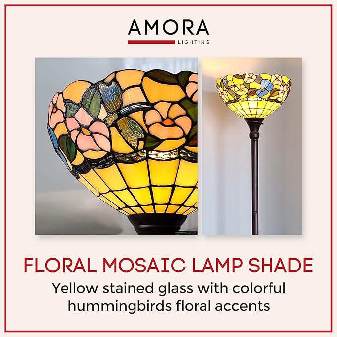 Amora Tiffany Floor Lamp - 70” Hummingbirds Floral Stained Glass Floor Lamp