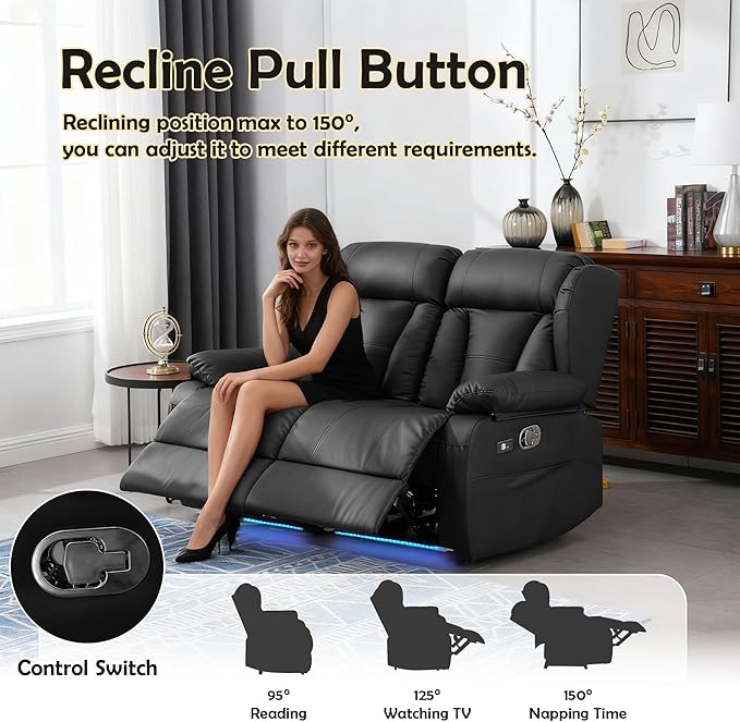 59" Loveseat Recliner Sofa, Manual Reclining Double Loveseat with USB-A & USB-C Ports/LED Lights, RV Couch for Living Room & Home Theater with Cup Holders/Side Pockets (Black with LED)