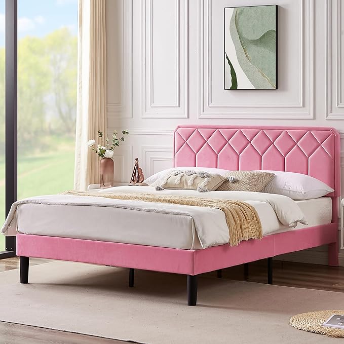 VECELO Queen Size Bed Frame Premium Velvet Upholstered Platform with Height Adjustable Headboard/Mattress Foundation, Solid Wooden Slat Support, No Box Spring Needed/Easy Assembly