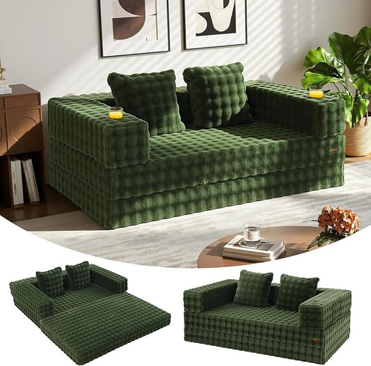 COMAX Futon Sofa Bed, 4‑in‑1 Convertible Sofa Bed, Folding Boneless Couches for Living Room, Fold Out Small Foldable Loveseat Floor Sleeper Comfy Mattress Lounge Space‑Saving, Classic Green