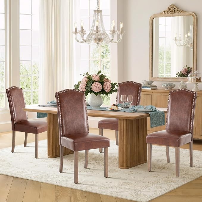 Upholstered Dining Chair Modern Stylish Parsons Kitchen Diner High Back with Silver Nailhead Trim & Wood Legs, Set of 6, PU Leather Light Brown