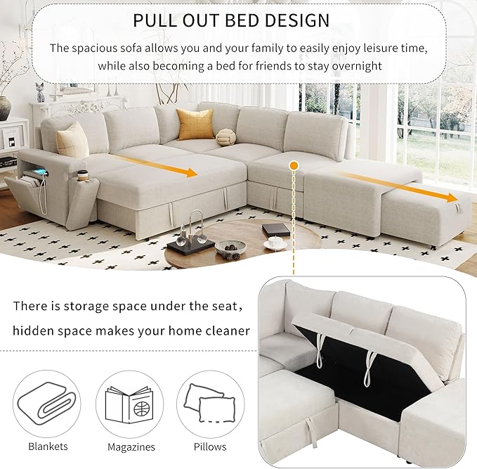 90.6" L-Shaped Modular Padded Cloud Sectional Fabric Sofa Set with Pull Out Bed, Convertible Sectional Couches w/Storage Space and USB Ports & Cup Holders on The Armrests,for Living Room,Beige