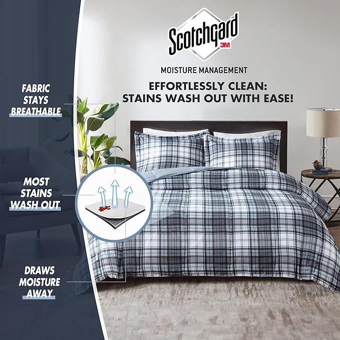 Madison Park Essentials Parkston Plaid Comforter, Matching Sham, 3M Scotchguard Stain Release Cover, Hypoallergenic All Season Bedding-Set, Full/Queen, Grey, 3 Piece
