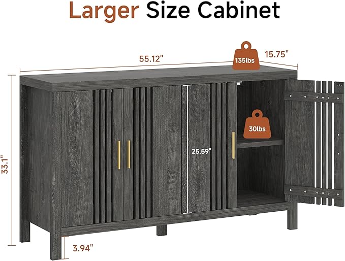 Sideboard Buffet Cabinet with Storage, 55" Large Kitchen Buffet Cabinets Farmhouse Storage Cabinet, Wood Coffee Bar Sideboards for Kitchen, Entryway, Living Room, Grey Oak