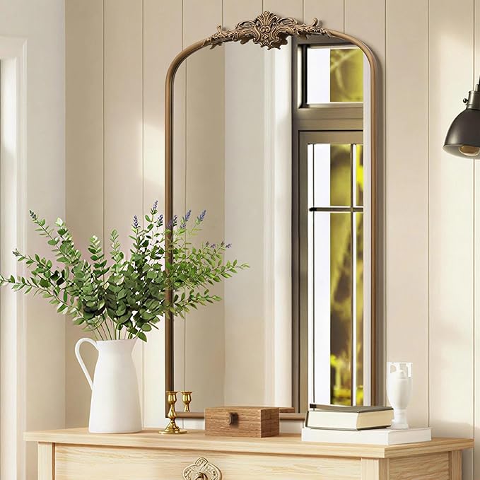 Besdomus Vintage Gold Arched Mirror: 24"x42" Large Arch Gold Antique Wall Mounted Mirror - Traditional Ornate Home Decor for Entryway/Fireplace/Bathroom - Idea for High-Income Homemakers