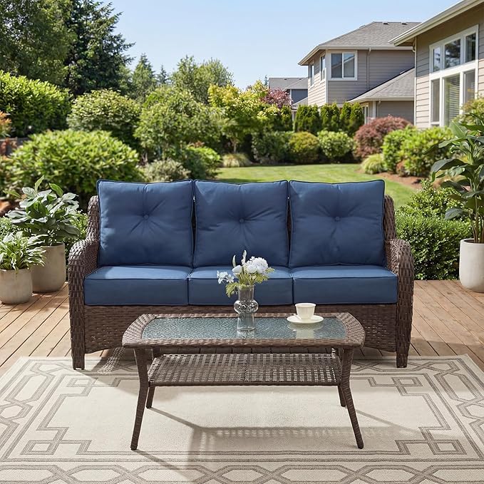 Patio Furniture Set, 2PCS Outdoor Wicker Conversation Set with 6" Thick Cushions, High Back Rattan Sofa, Weather Resistant Olefin Fabric for Garden, Poolside, Navy Blue