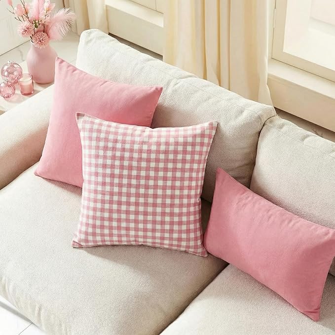 Light Pink and White Buffalo Plaid Pillow Covers 18x18 Set of 2, Spring Home Decor Checkered Couch Throw Pillows 18 x 18, Modern Pink Aesthetic Pillows Decorative for Couch Sofa Living Room