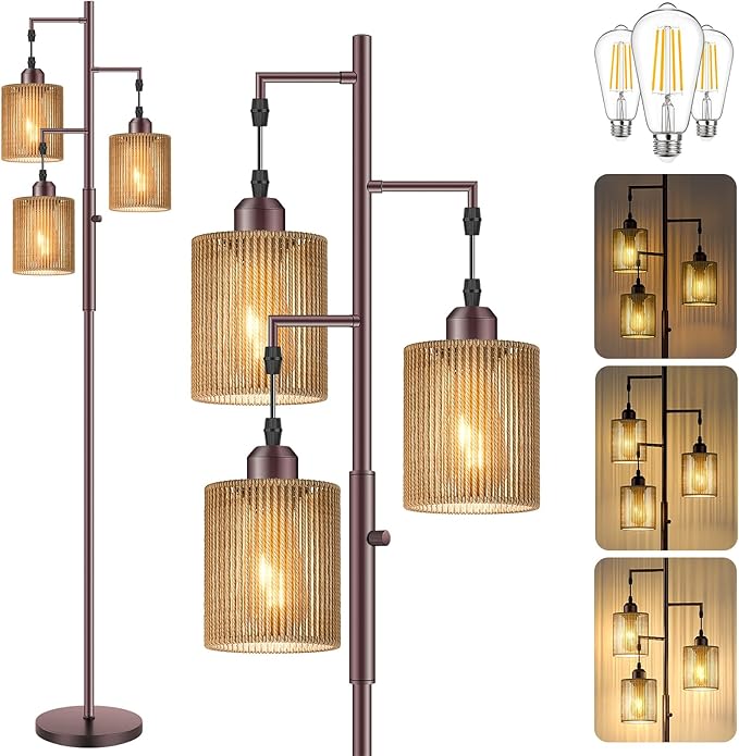 Hotsonic 72" Rattan Boho Floor Lamp, Tall Dimmable Standing Lamp with Handcrafted Brown Shades, Industrial Tree Floor Lamps for Living Room, Bedroom, Study Room, Office (3 x 800LM LED Bulbs Included)