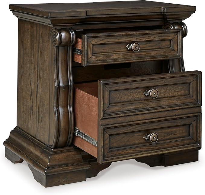 Signature Design by Ashley Maylee Classic 2 Drawer Nightstand with Pull-Out Tray, Power Supply and USB Ports, 29.5" Tall, Dark Brown