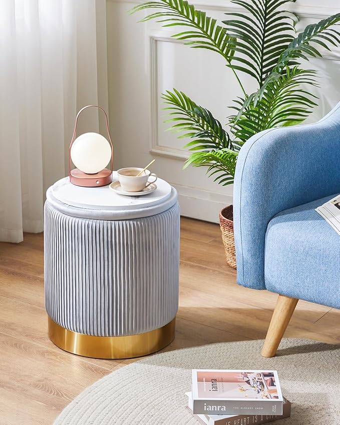 IBUYKE Round Storage Ottoman Set of 2 Ottoman for Dorm Vanity Stool with Storage Velvet FootStools End Table Boucle Ottoman for Home Organization Gray UWBD016G