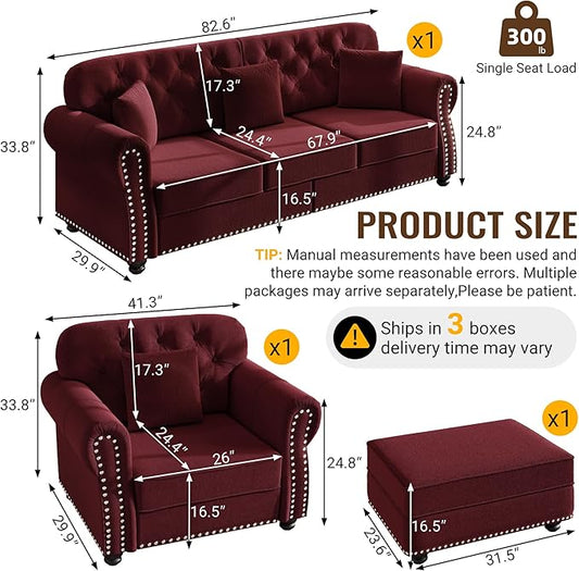 KEIKI 2-Piece Chesterfield Sofa Set with 1 Velvet 3-Seater Sofa & 1 Single Sofa, Upholstered 4-Seater Couch Set with Nailhead Trim & Rolled Arms & 1 Ottoman & 4 Pillow, for Living Room, Burgundy