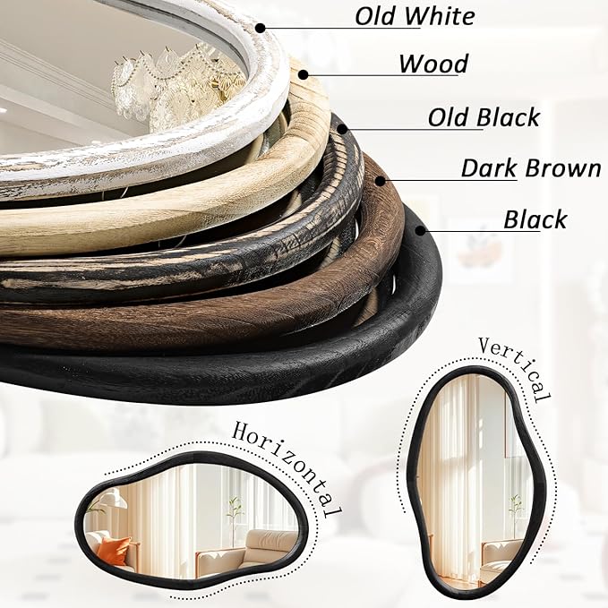 JJUUYOU Irregular Wall Mirror Black Asymmetrical Wooden Mirror 30"x18" Large Home Decorative Wall Mounted Vanity Mirrors for Bathroom Dressing Room Living Room