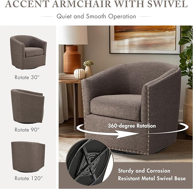 Madison Park Swivel Barrel Accent Chair, Upholstered Curved Back with 7-Inch Thick Woven Cushion, 360° Swivel, Nailhead Trim, Comfy Chair for Living Room, Bedroom, Office, 28" Wide, Chocolate, Tyler