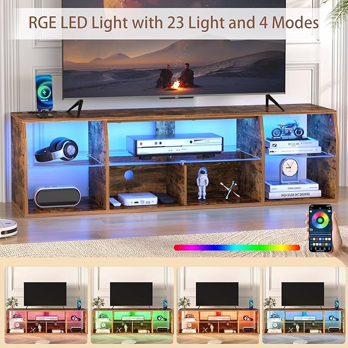 VECELO LED TV Stand for 65 inch, Entertainment Center with Power Outlets, Industrial Television Cabinet with 7 Open Storage Shelves, for Living Room and Bedroom, Retro Brown, 65inch