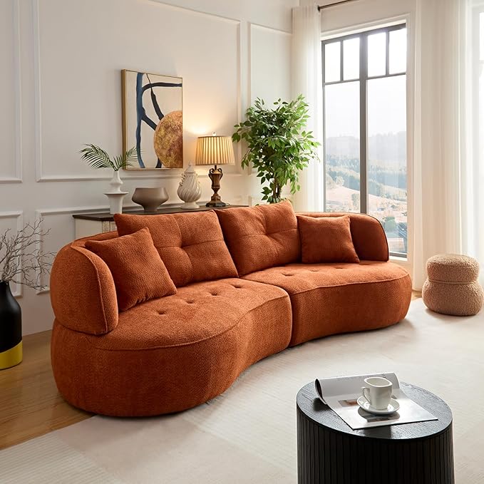 109" Sectional Curved Sofa, Boucle Fabric Upholstered Modern Couch, Oversized 3 Seater Minimalist Comfy Modular Deep Seat Sofas Set for Living Room, Home Office, Bedroom, Guestroom, Orange
