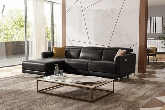 Valencia Andria 99.5" Reclining Leather Sectional Sofa, 3 Seater Reclining Couch with Left Hand Chaise | Italian Nappa 11000 Top Grain Leather | Power Reclining Seat with Adjustable Headrests - Black