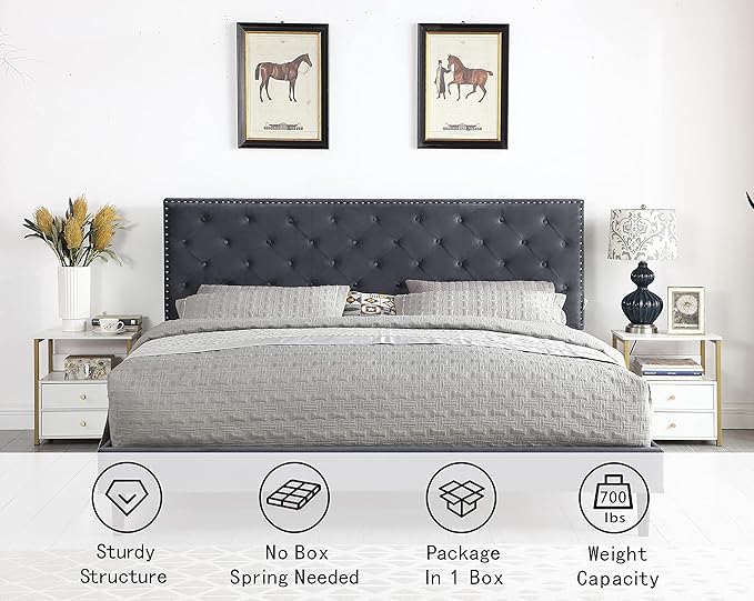 King Upholstered Platform Bed Frame with 48" Tall Adjustable Headboard - Button Tufted Suede Velour Bed- Wood Slat Support with Storage Space - No Box Spring Needed - Grey - OLIVER & SMITH - Princeton