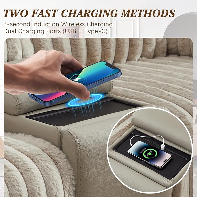 Oversized Reclining Loveseat with Hidden Cup Holders & Wireless Charger, Manual Double Recliner Sofa, Wall Hugger Loveseat Recliner with USB Ports for Living Room (Beige, Loveseat)