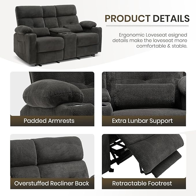 Power Reclining Loveseat with Console, Power Loveseat Recliner Sofa with Heat and Massage, Extended Footrest, Wall Hugger RV Reclining Couch with Cup Holders, Lumbar Support for Living Room