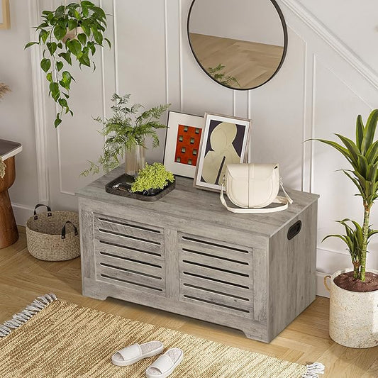 DINZI LVJ Storage Chest, Flip-Top Wooden Toy Box with 2 Safety Hinges, Retro Entryway Shoe Bench, Sturdy Large Storage Trunk for Living Room, Bedroom, Toddler Room, Easy Assembly, Gray Wash