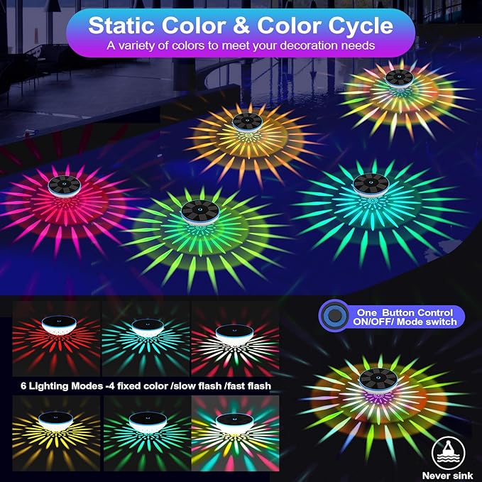 RGB Solar Floating Pool Lights, Smart Auto ON/Off Pool Light with 6 Lighting Modes, IPX8 Waterproof LED Color Changing Lights for Inground Pool, Bathtub, Garden, Party Decoration, 1 Pack
