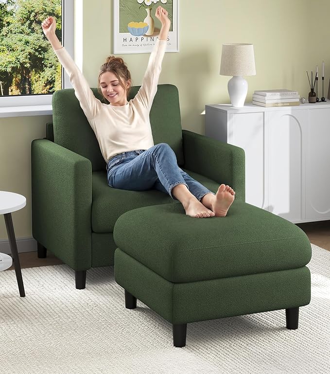 Welzona Sofa Accent Chair with Ottoman, 33" Reading Chair and Ottoman Set for Bedroom, Tool-Free Setup Living Room Accent Chairs, Comfy Arm Chairs Living Room, All-Wood Reading Nook, Green