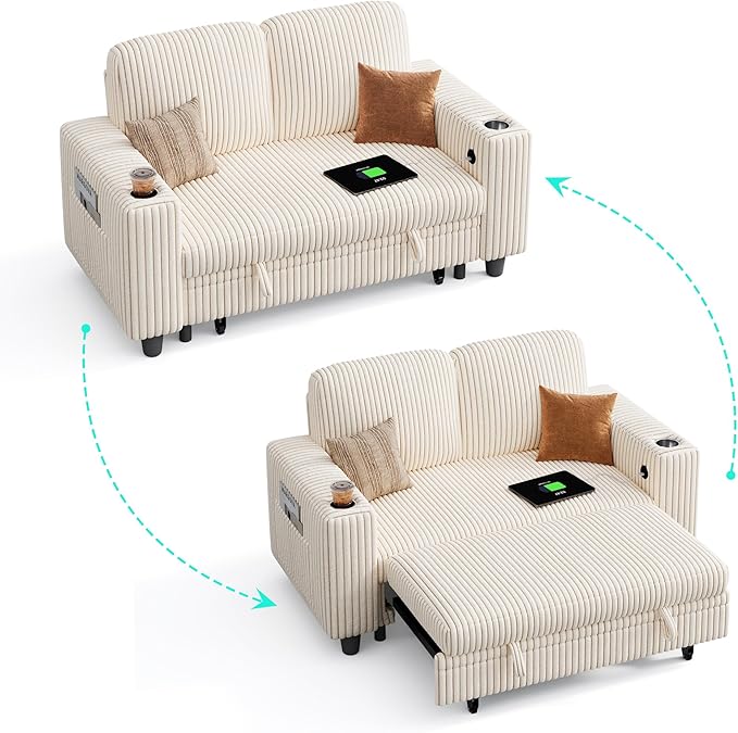 LINSY HOME Sectional Sleeper Sofa Bed, Corduroy Pull Out Couch for Living Room (Beige,Small Couch)|USB Ports, Cup Holder, Side Pocket|2 Seater Convertible Sofa Bed| Apartment Guest Room, Loveseat | Plush Corduroy