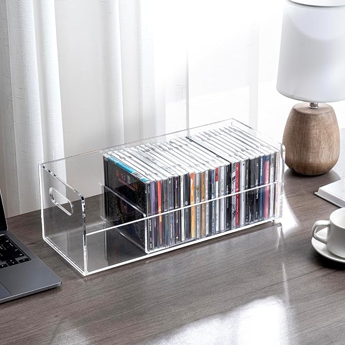 MyGift Modern Premium Clear Acrylic Stackable CD Holder Rack with Cutout Carrying Handles, Compact Disc Jewel Case Display Crate, Media Storage Organizer