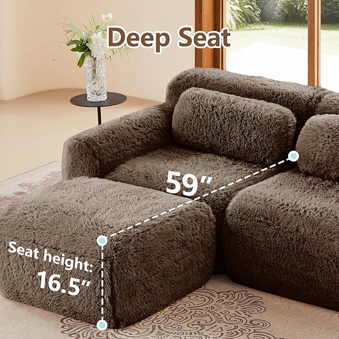 80.4-Inch Boneless Love Seat Couches in a Box, Modern 2 Seat Floor Modular Foam Cloud Sofa Faux Fur Loveseat Couch W/Angle Armrests for Home Apartments Bedroom